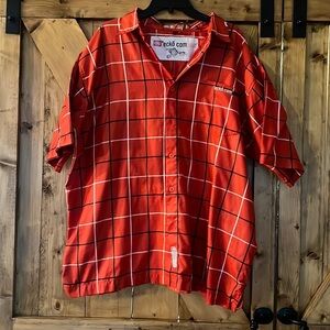 Echo complex red/black/white pattern button down shirt. Men’s XXL.